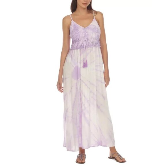 Raviya Tie-Dyed Maxi Dress Swim Cover-Up Womens Size M Lavender Crochet Tasseled - Picture 1 of 15